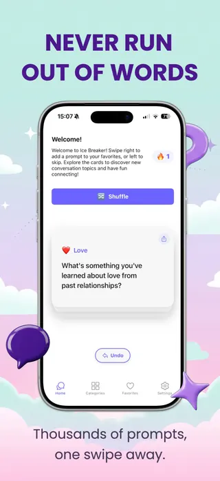 Conversation starter App Store screenshot set rendered in English