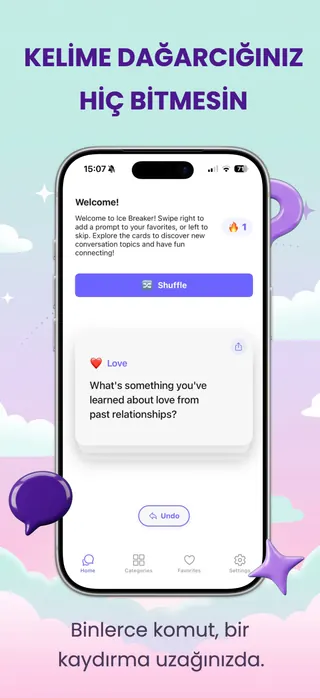 Conversation starter App Store screenshot set rendered in Türkçe