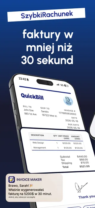 Invoicing App Store screenshot set rendered in Polski
